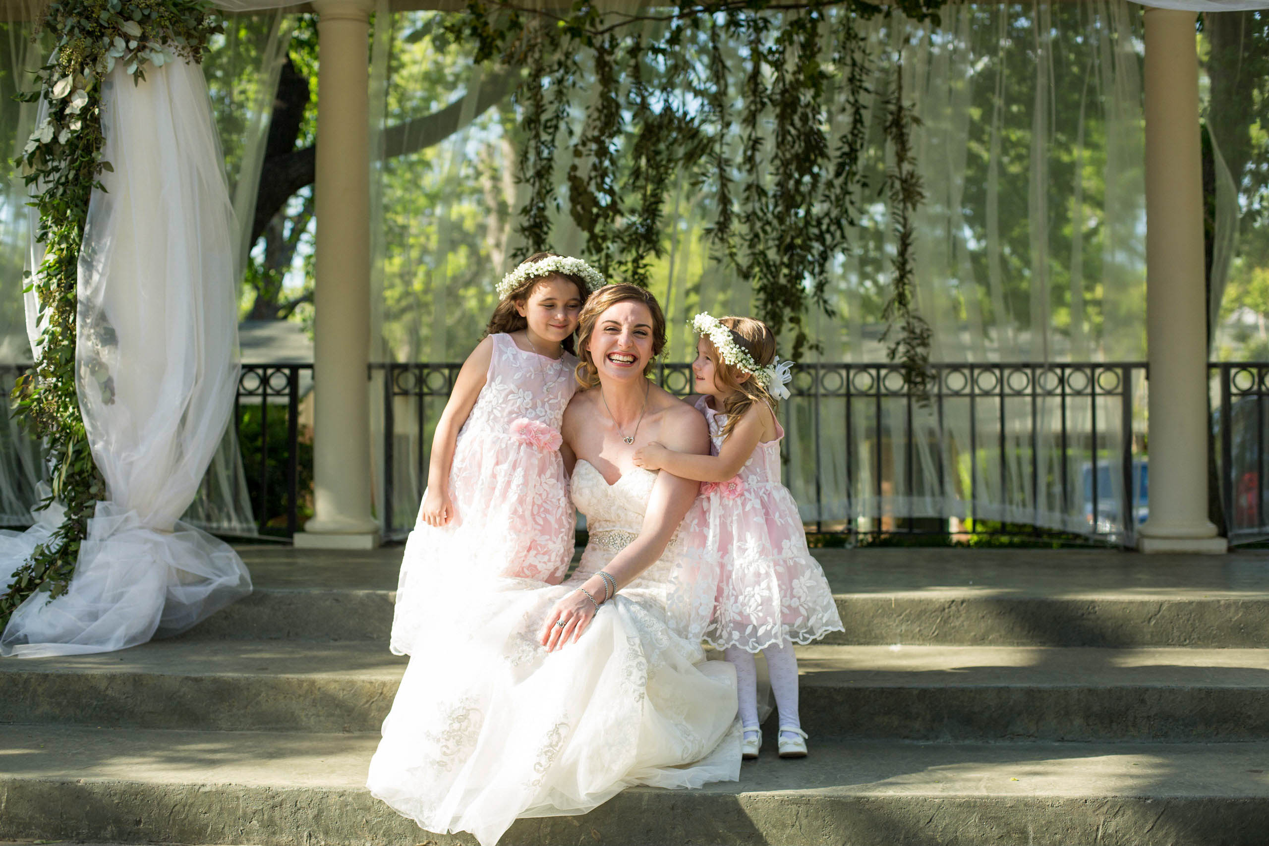 bride and flower girls in printed dresses